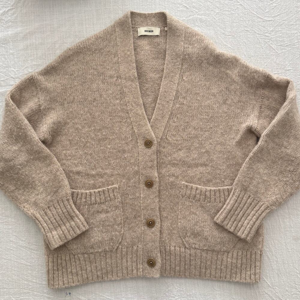 Buck Mason | Highland Alpaca heathered oatmeal tan cardigan sweater | size small